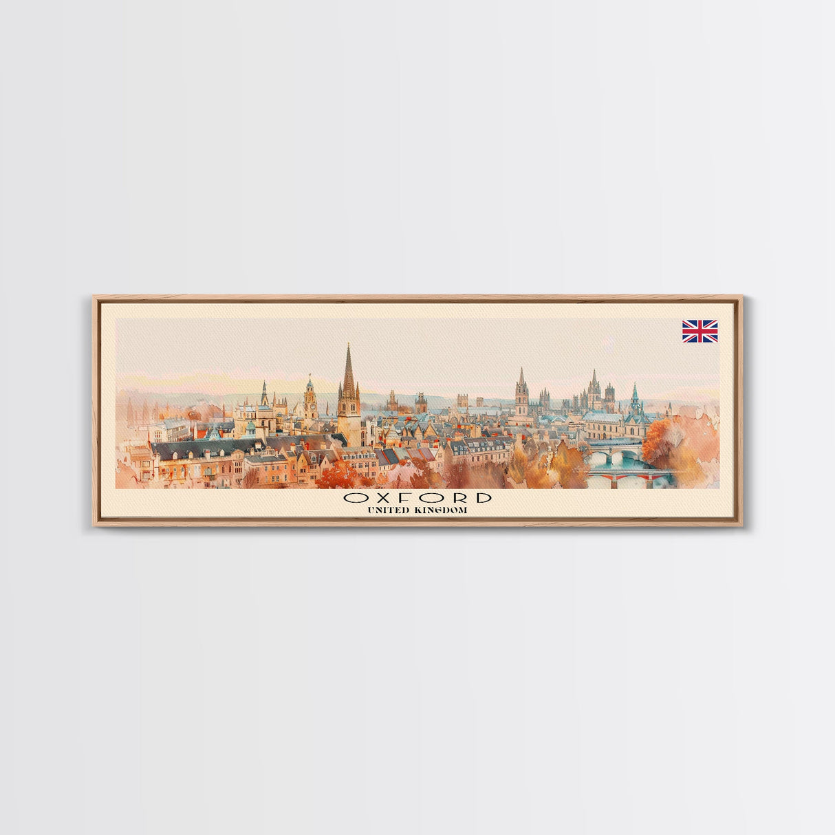 Oxford United Kingdom Panoramic Travel Poster, Framed Canvas Print or Metal Wall Art, Travel Art, Home Decor, Panoramic Painting, Midcentury Art