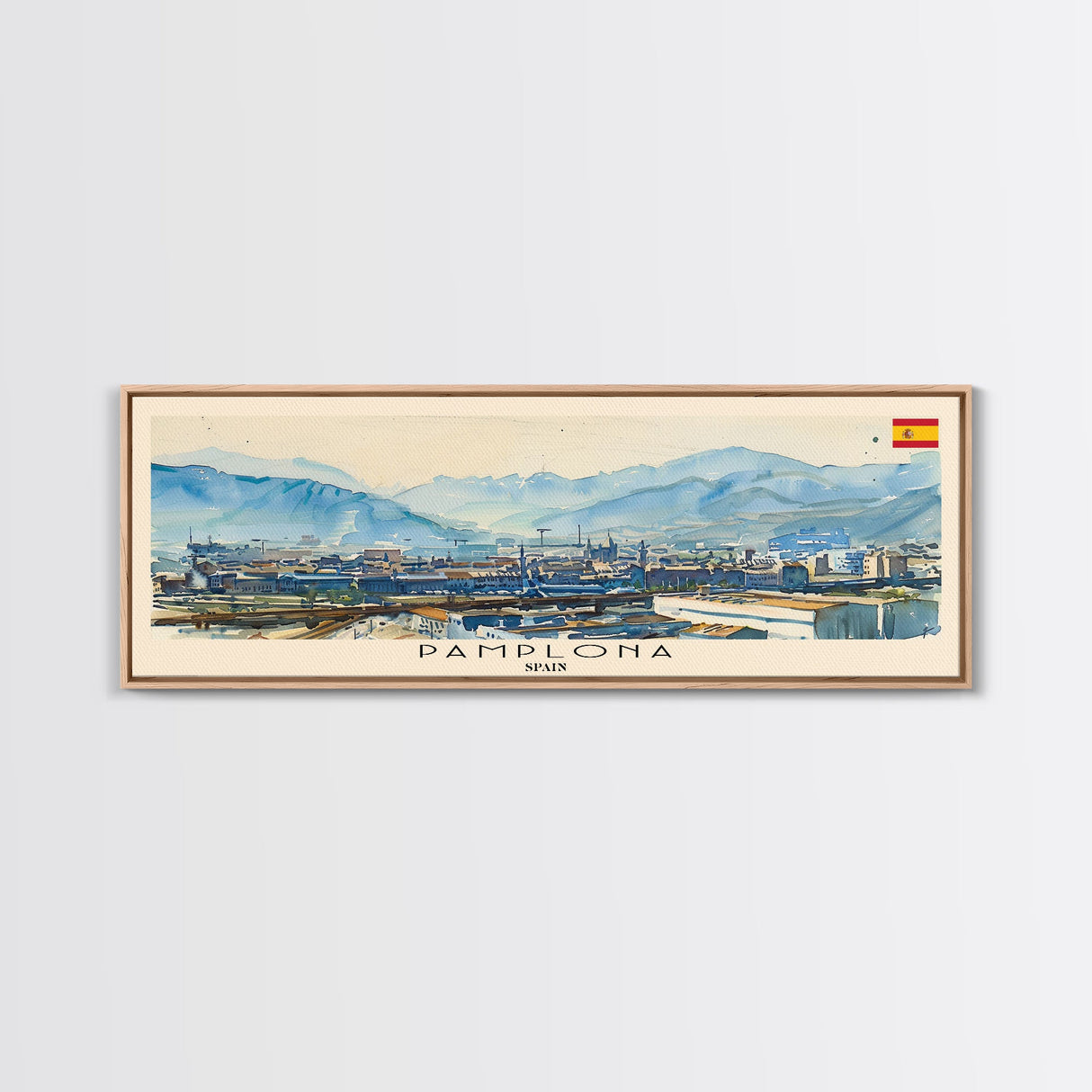 Pamplona Spain Panoramic Travel Poster, Framed Canvas Print or Metal Wall Art, Travel Art, Home Decor, Panoramic Painting, Midcentury Art