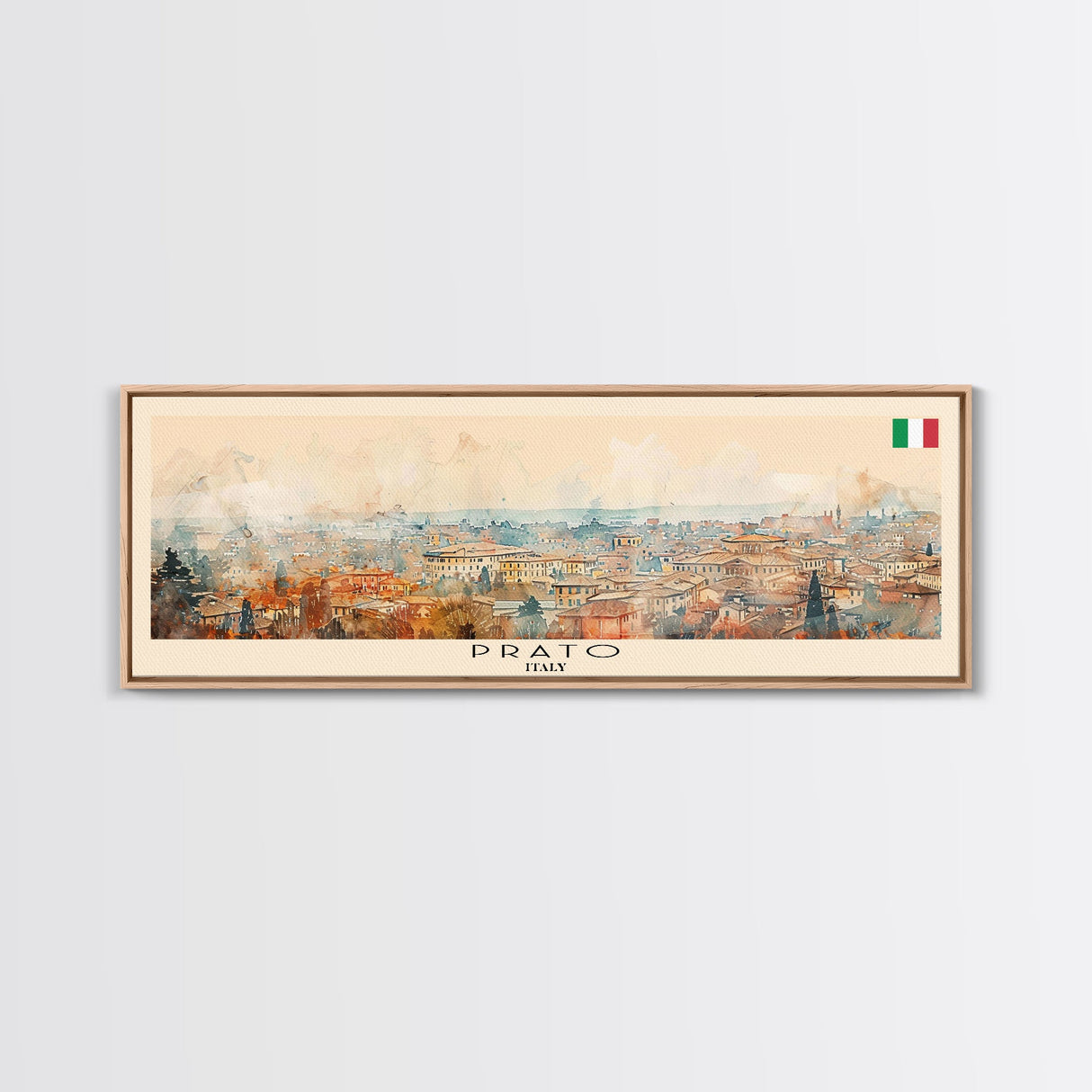 Prato Italy Panoramic Travel Poster, Framed Canvas Print or Metal Wall Art, Travel Art, Home Decor, Panoramic Painting, Midcentury Art