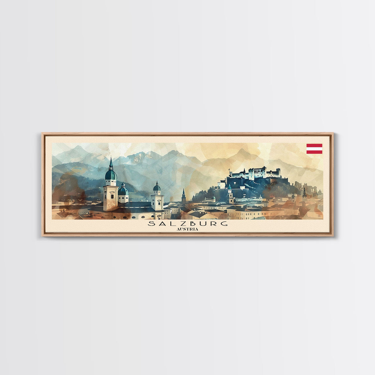 Salzburg Austria Panoramic Travel Poster, Framed Canvas Print or Metal Wall Art, Travel Art, Home Decor, Panoramic Painting, Midcentury Art