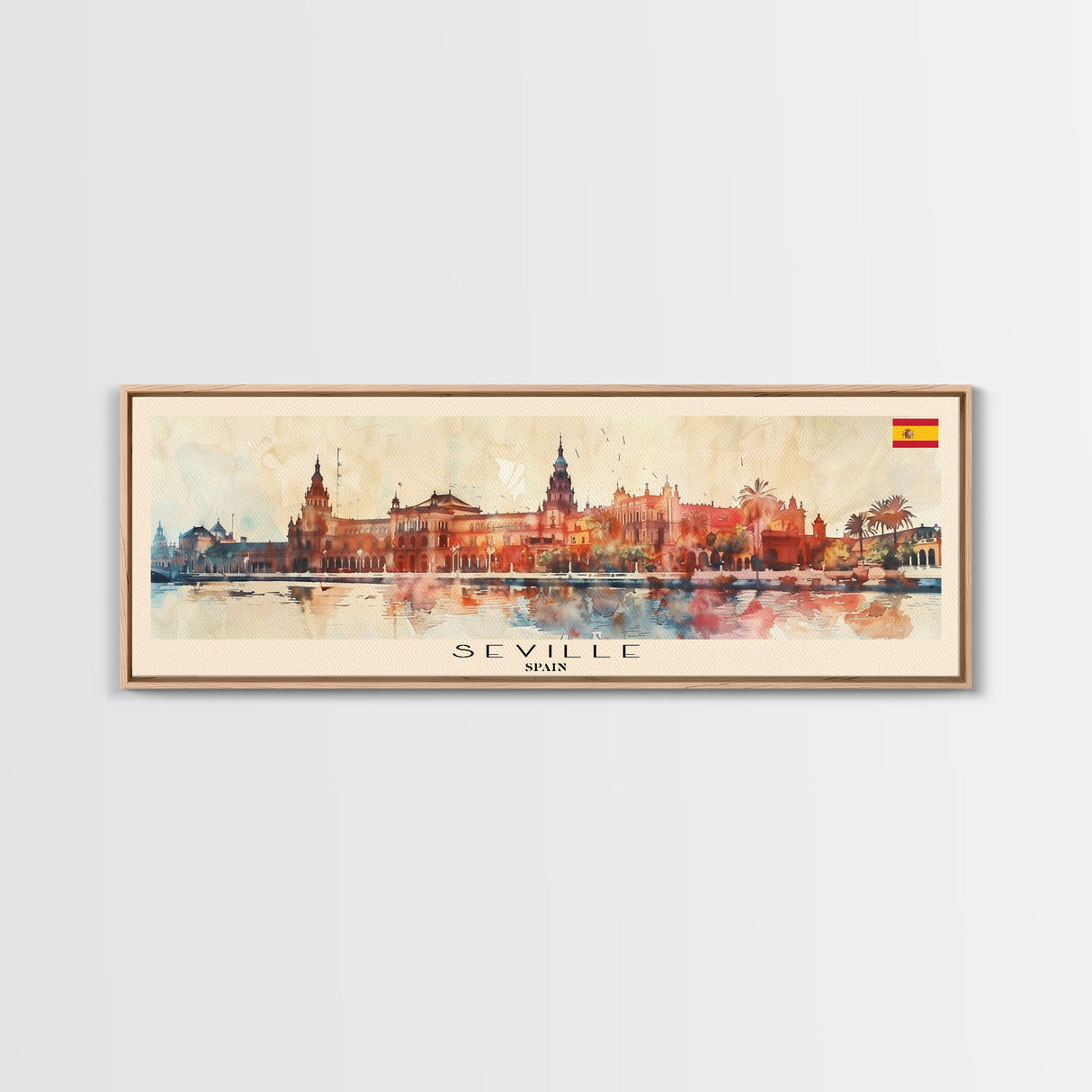 Seville Spain Panoramic Travel Poster, Framed Canvas Print or Metal Wall Art, Travel Art, Home Decor, Panoramic Painting, Midcentury Art