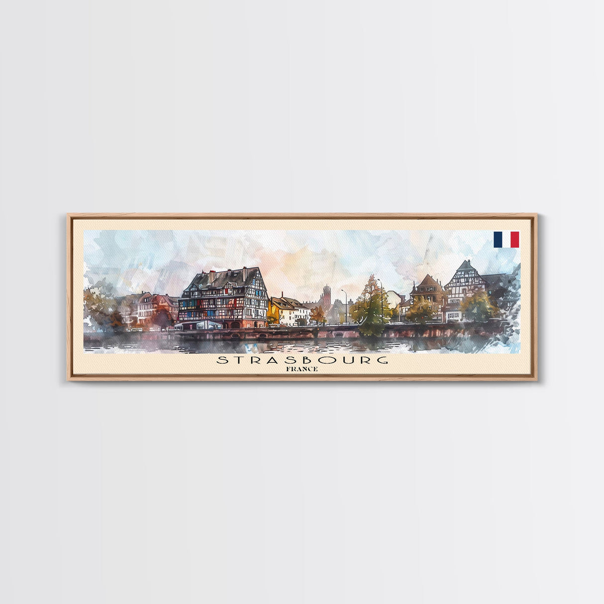 Strasbourg France Panoramic Travel Poster, Framed Canvas Print or Metal Wall Art, Travel Art, Home Decor, Panoramic Painting, Midcentury Art