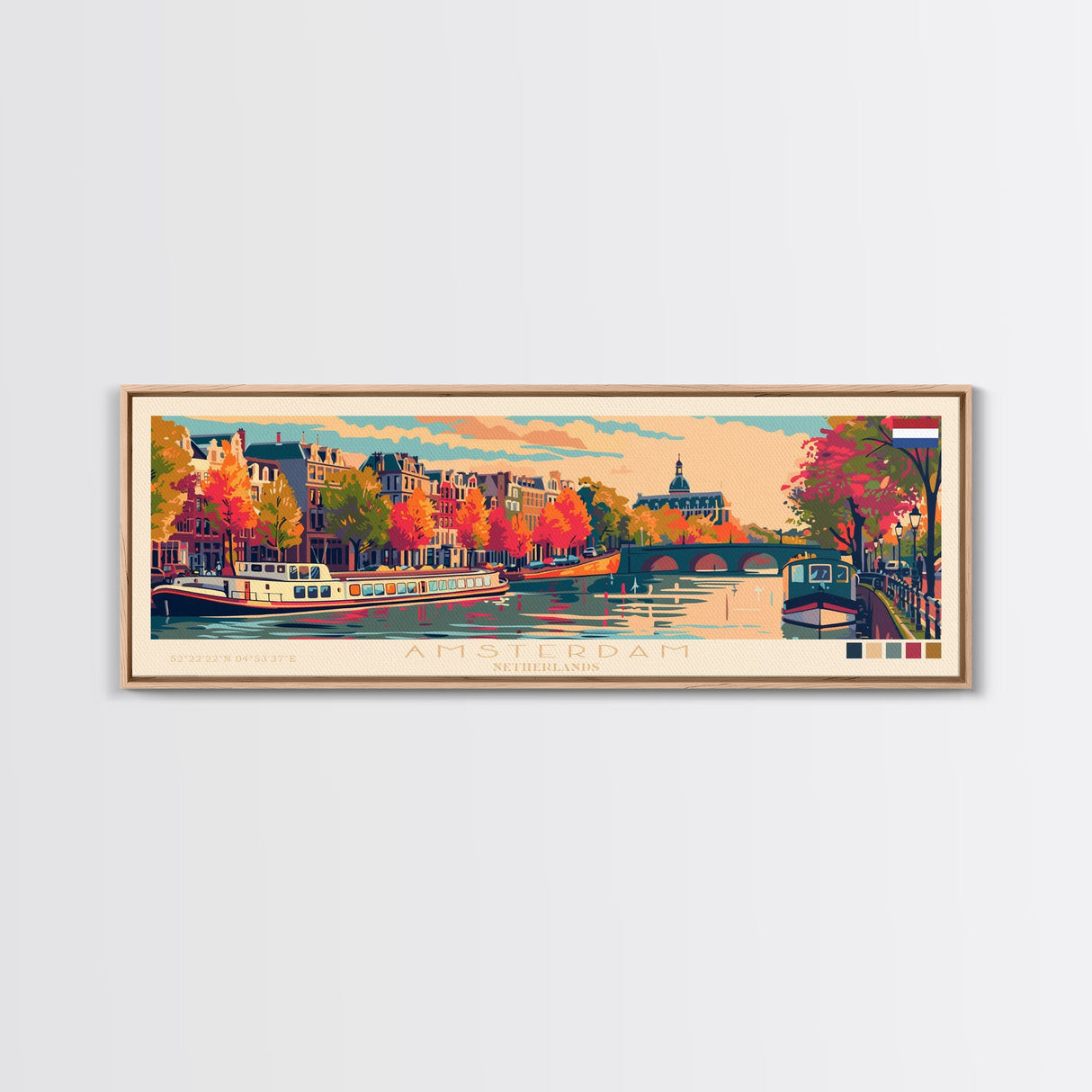 Amsterdam Netherlands Travel Art, City Art, Framed Canvas Print or Metal Wall Art, Europe Travel Poster, Panoramic Wall Art, Extra Wide Wall Art