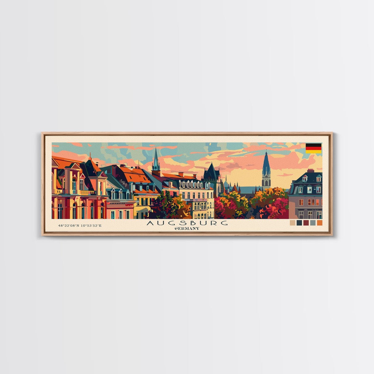 Augsburg Germany Panoramic Travel Poster, Framed Canvas Print or Metal Wall Art, Travel Art, Home Decor, Panoramic Painting, Midcentury Art