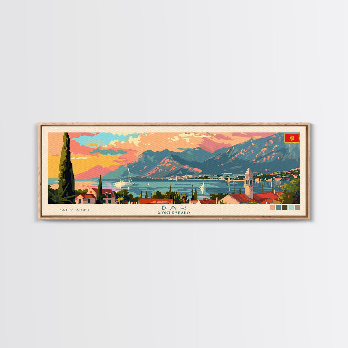 Bar Montenegro Panoramic Travel Poster, Framed Canvas Print or Metal Wall Art, Travel Art, Home Decor, Panoramic Painting, Midcentury Art