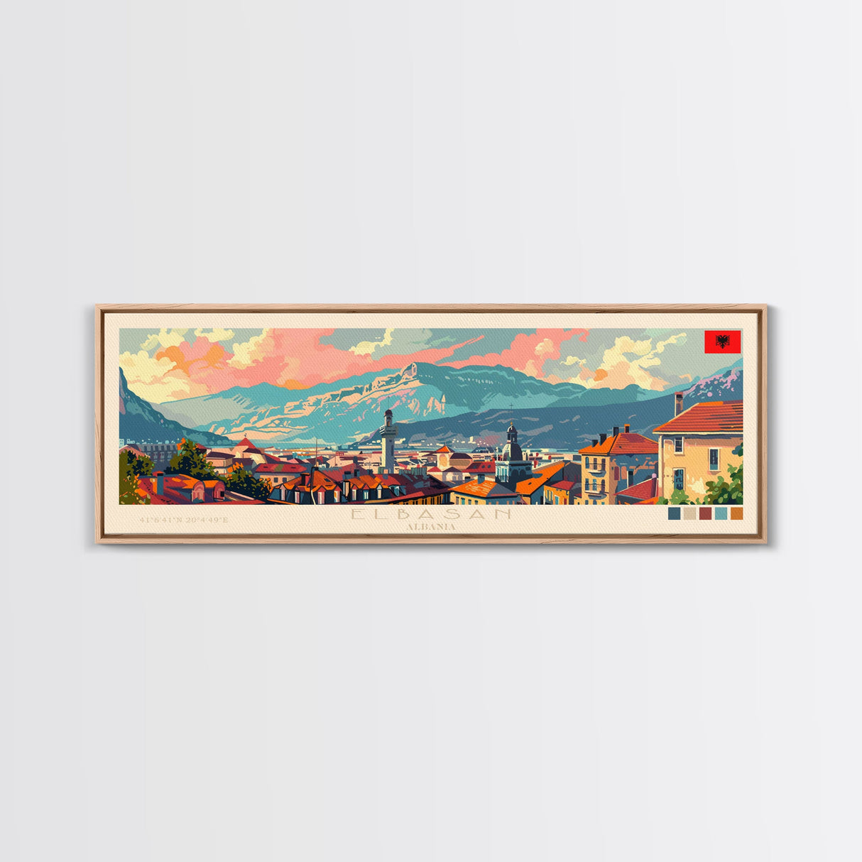 Elbasan Albania Travel Print Wall Art, Panoramic City Art, Travel Art, Wall Decor, Vacation Gift, Framed Canvas Print Or Metal Art