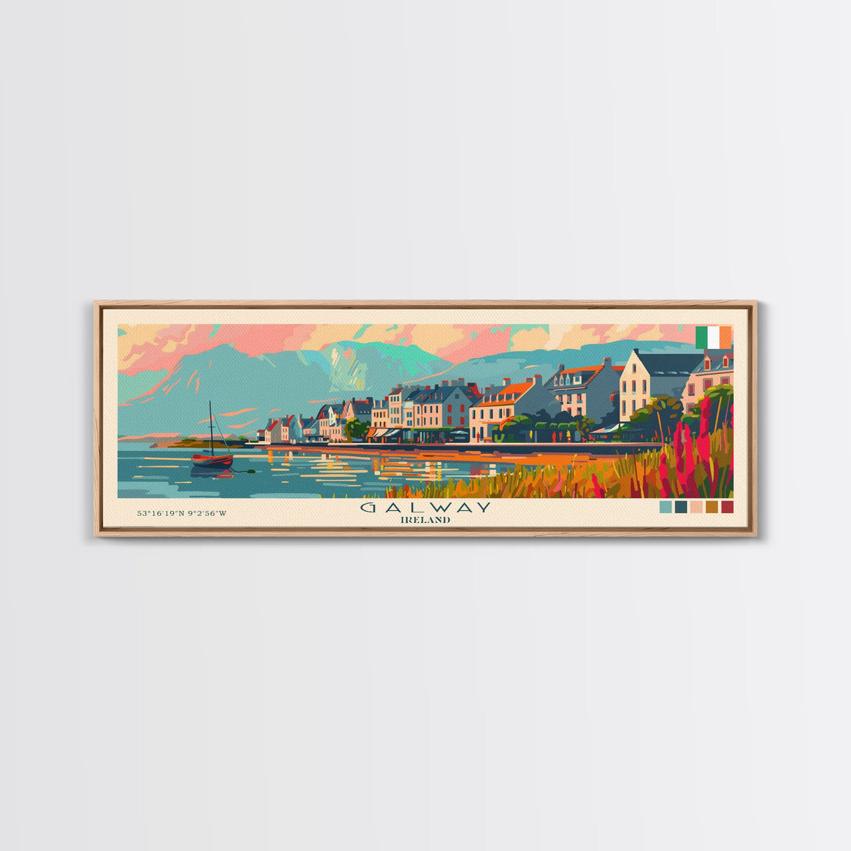 Galway Ireland Panoramic Travel Poster, Framed Canvas Print or Metal Wall Art, Travel Art, Home Decor, Panoramic Painting, Midcentury Art