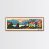 Lugano Switzerland Panoramic Travel Poster, Framed Canvas Print or Metal Wall Art, Travel Art, Home Decor, Panoramic Painting, Midcentury Art