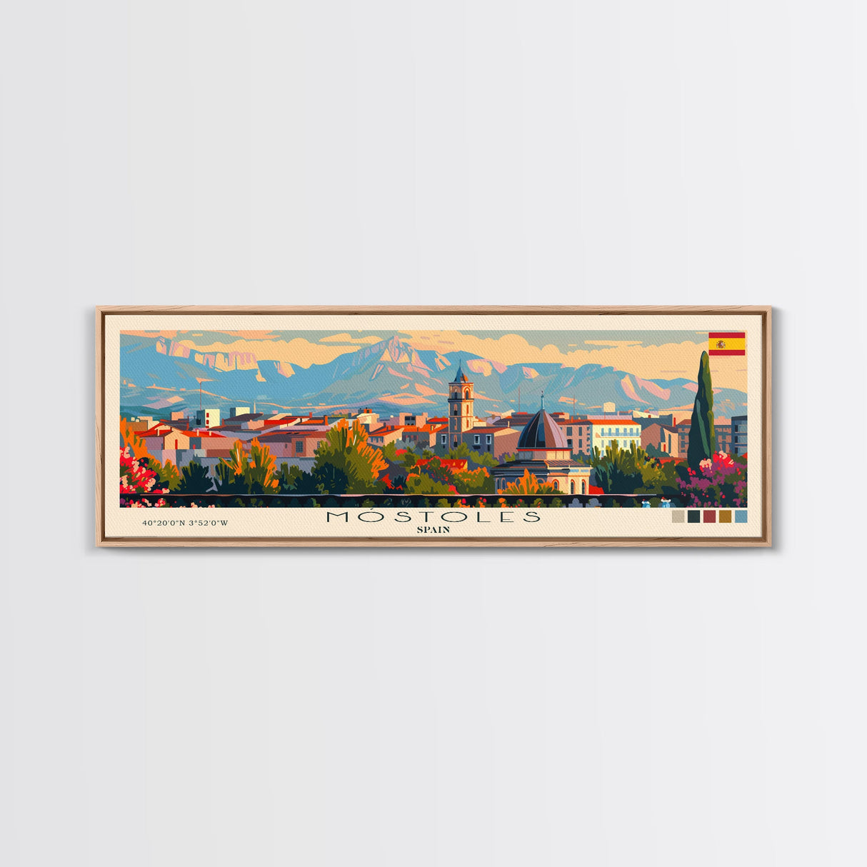 Mostoles Spain Panoramic Travel Poster, Framed Canvas Print or Metal Wall Art, Travel Art, Home Decor, Panoramic Painting, Midcentury Art