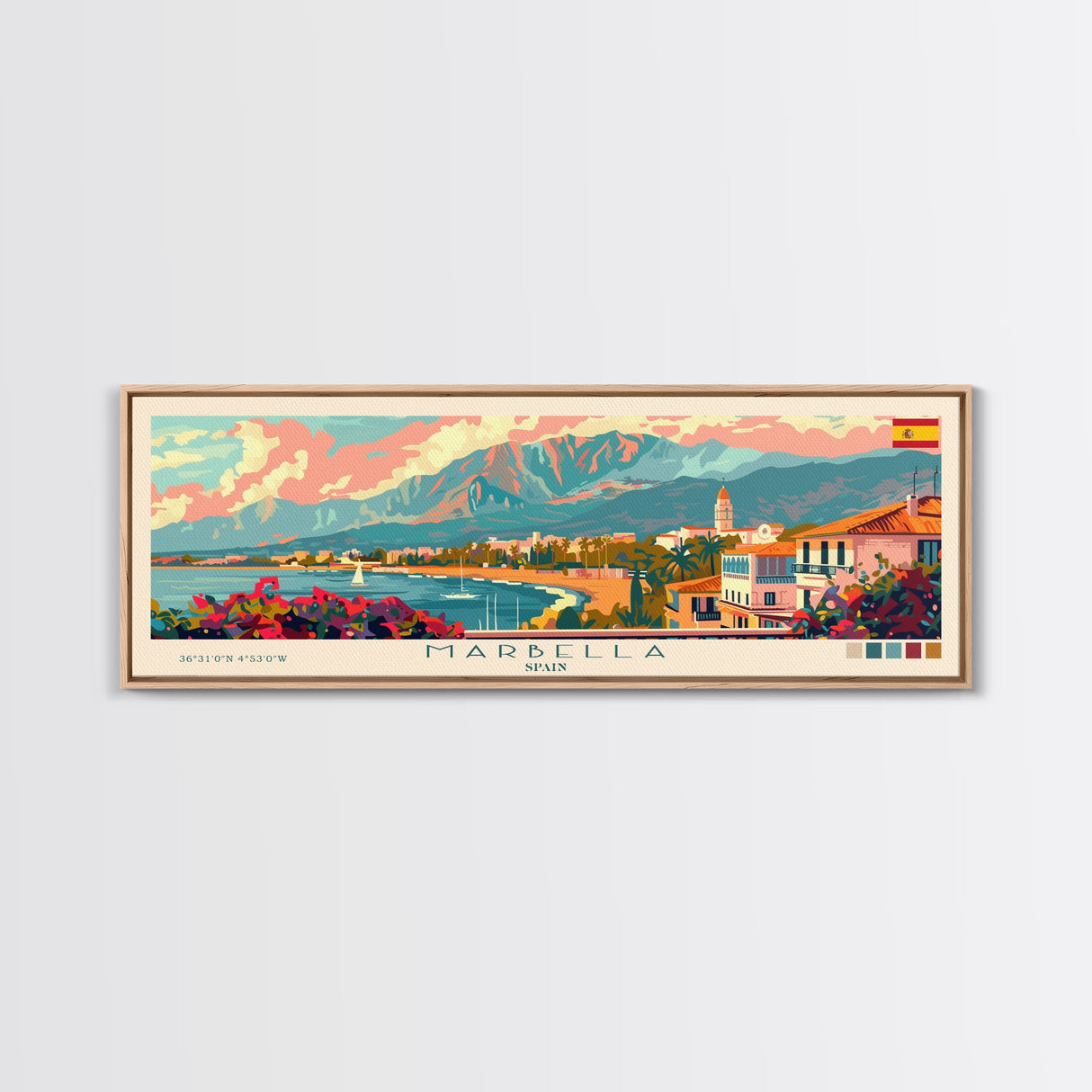 Marbella Spain Travel Art, City Art, Framed Canvas Print or Metal Wall Art, Europe Travel Poster, Panoramic Wall Art, Extra Wide Wall Art