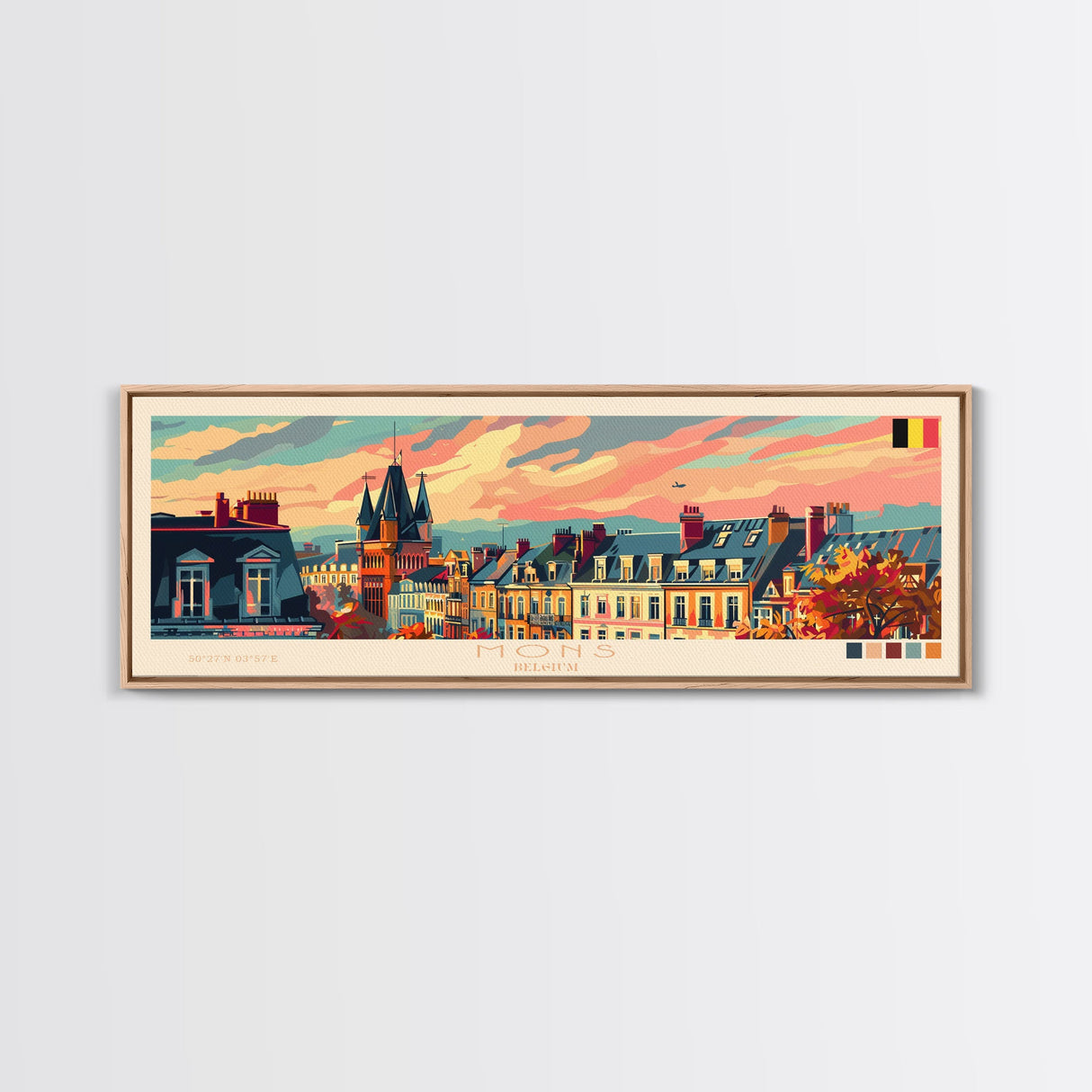 Mons Belgium Panoramic Travel Poster, Framed Canvas Print or Metal Wall Art, Travel Art, Home Decor, Panoramic Painting, Midcentury Art