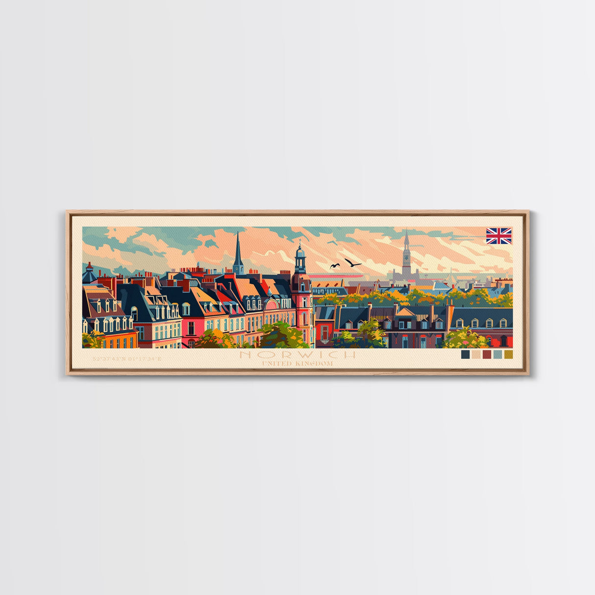 Norwich United Kingdom Panoramic Travel Poster, Framed Canvas Print or Metal Wall Art, Travel Art, Home Decor, Panoramic Painting, Midcentury Art