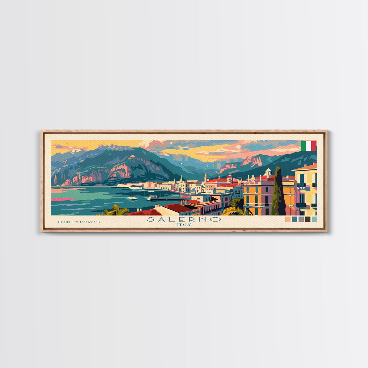 Salerno Italy Travel Art, City Art, Framed Canvas Print or Metal Wall Art, Europe Travel Poster, Panoramic Wall Art, Extra Wide Wall Art