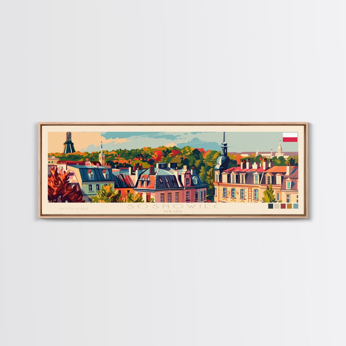 Sosnowiec Poland Panoramic Travel Poster, Framed Canvas Print or Metal Wall Art, Travel Art, Home Decor, Panoramic Painting, Midcentury Art