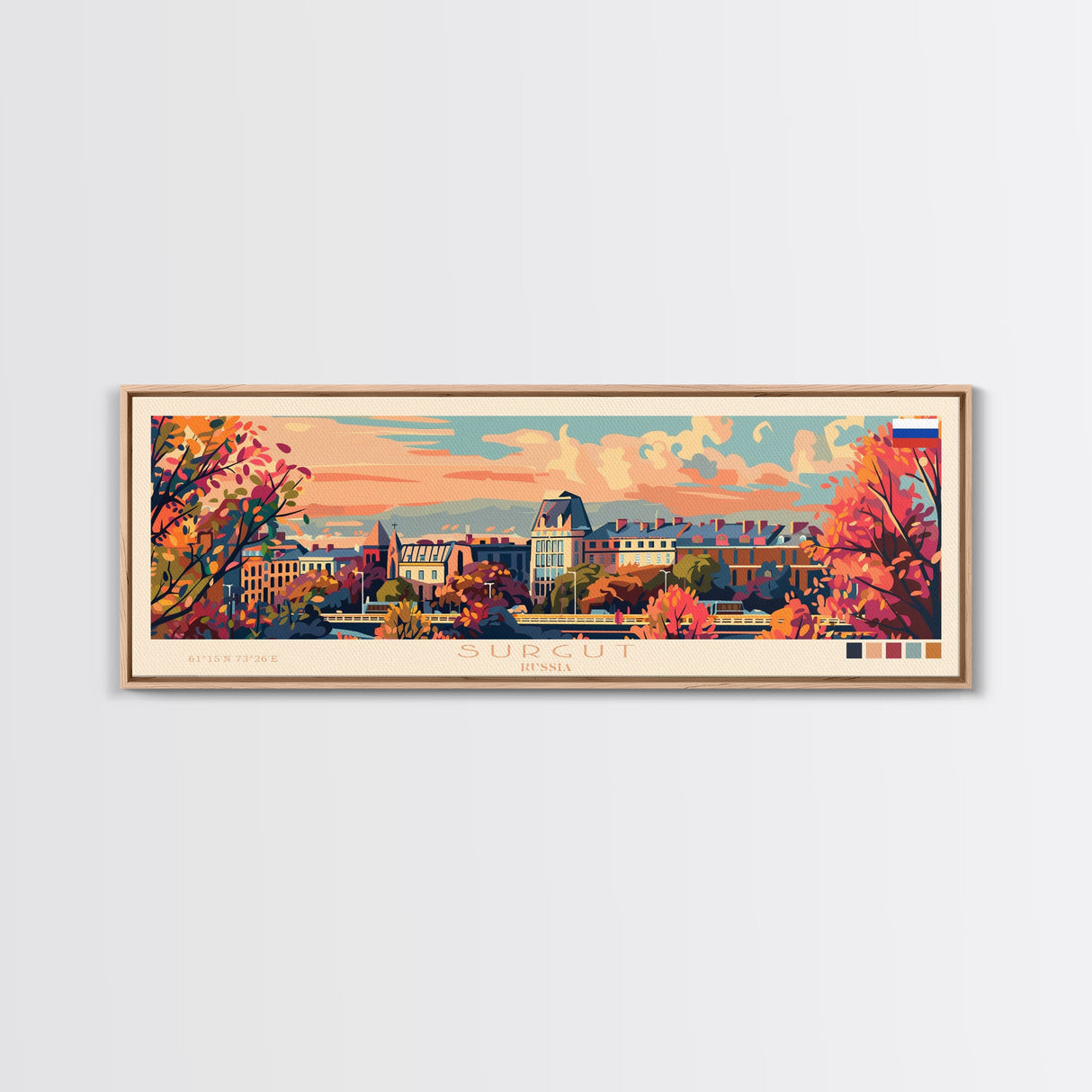 Surgut Russia Panoramic Travel Poster, Framed Canvas Print or Metal Wall Art, Travel Art, Home Decor, Panoramic Painting, Midcentury Art