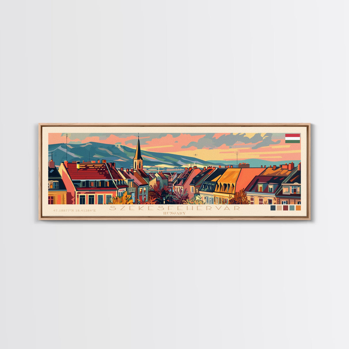 Szkesfehervar Hungary Panoramic Travel Poster, Framed Canvas Print or Metal Wall Art, Travel Art, Home Decor, Panoramic Painting, Midcentury Art