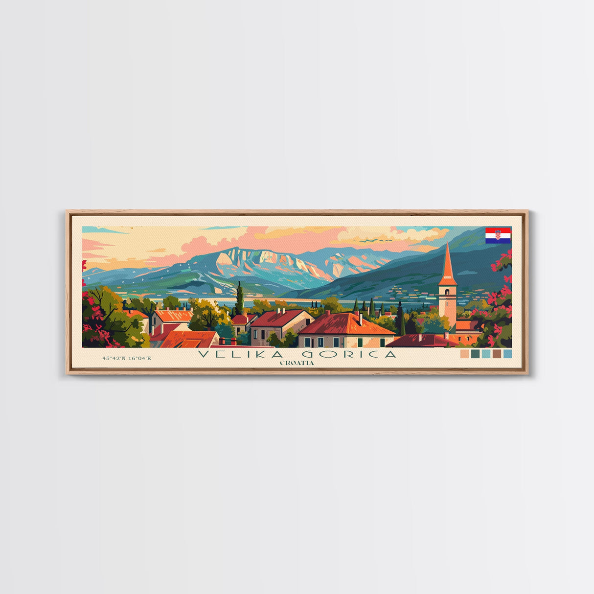 Velika Gorica Croatia Panoramic Travel Poster, Framed Canvas Print or Metal Wall Art, Travel Art, Home Decor, Panoramic Painting, Midcentury Art