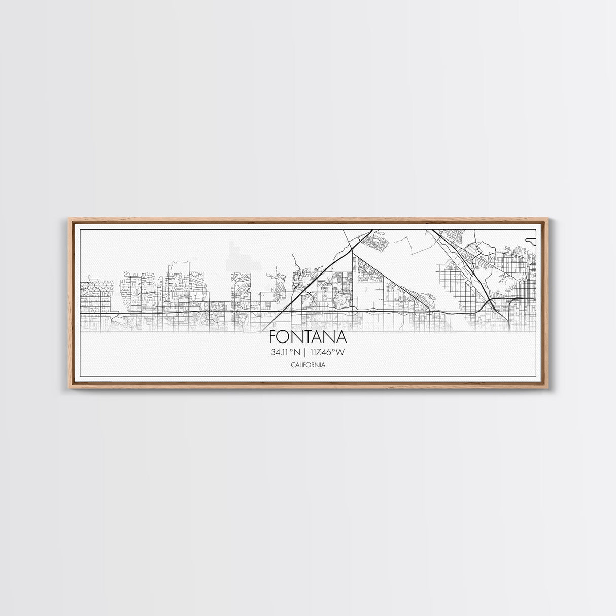 Panoramic Fontana City Map, California Art, Map Print, Minimalist Wall Art, Canvas Art, Housewarming Gift, Street Map Art, Closing Gift