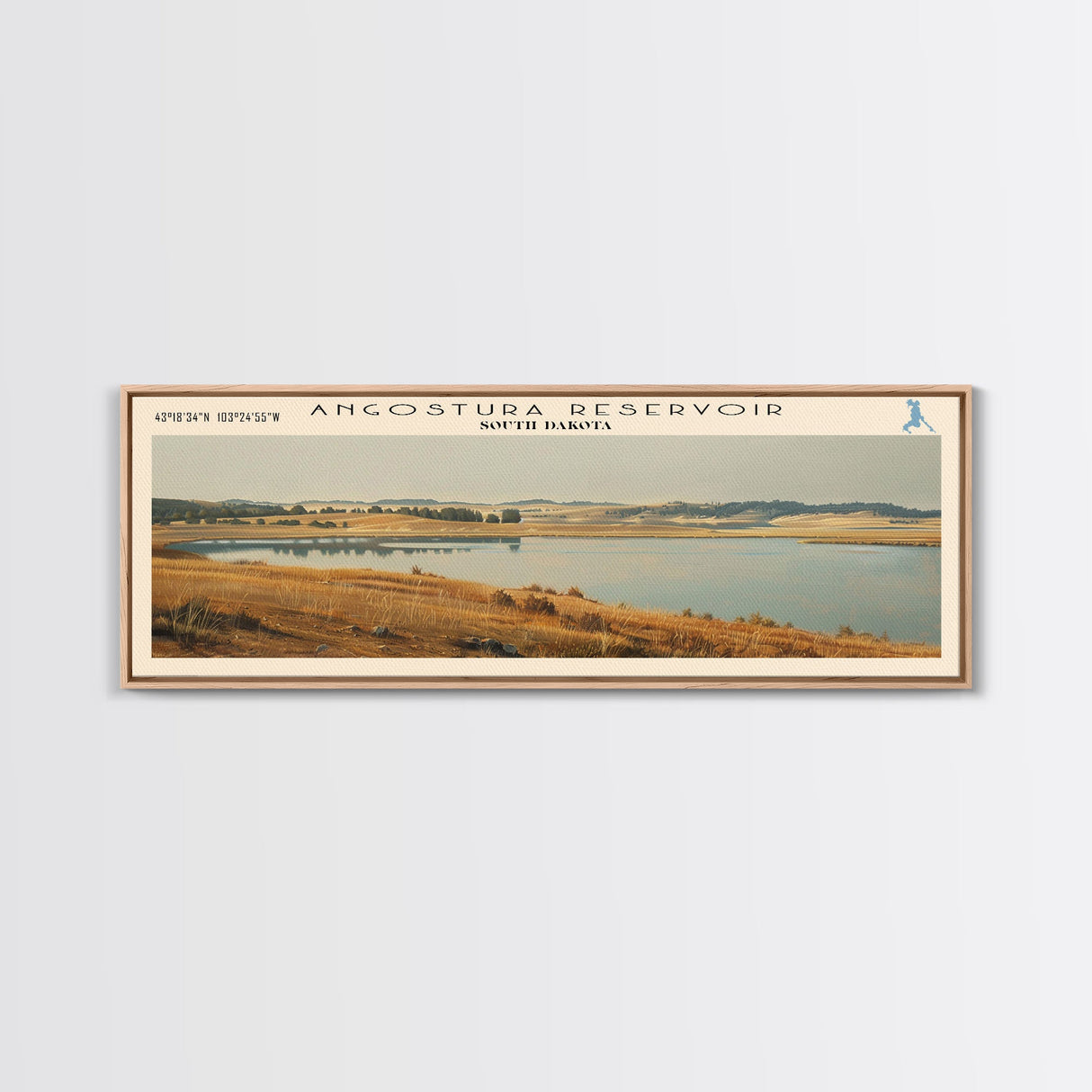 Angostura Reservoir South Dakota Panoramic Framed Canvas Print, Lake House Decor, Minimalist Art, Travel Poster, Scenic Painting