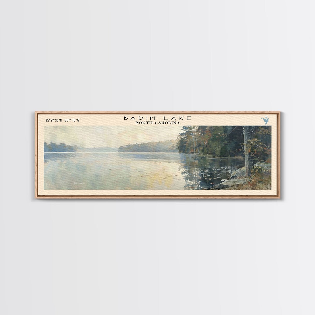 Badin Lake North Carolina Panoramic Framed Canvas Print, Lake House Art, Modern Decor, Travel Poster, Scenic View, Home Decoration