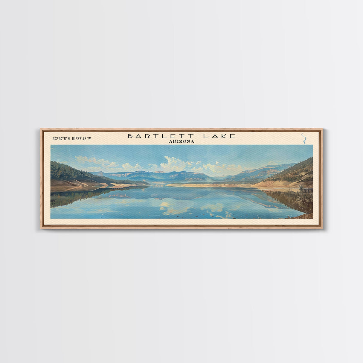 Bartlett Lake Arizona Framed Canvas Print, Panoramic Lake House Art, Scenic Painting, Travel Poster, Minimalist Wall Art, Home Decor