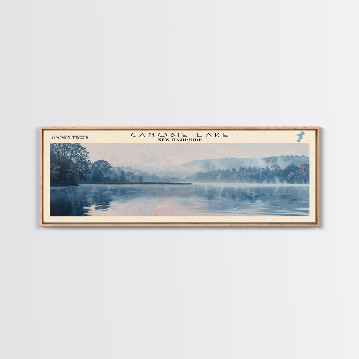 Canobie Lake New Hampshire Framed Canvas Print, Panoramic Lake House Art, Wall Art, Travel Poster, Modern Lake Painting, Nature Art