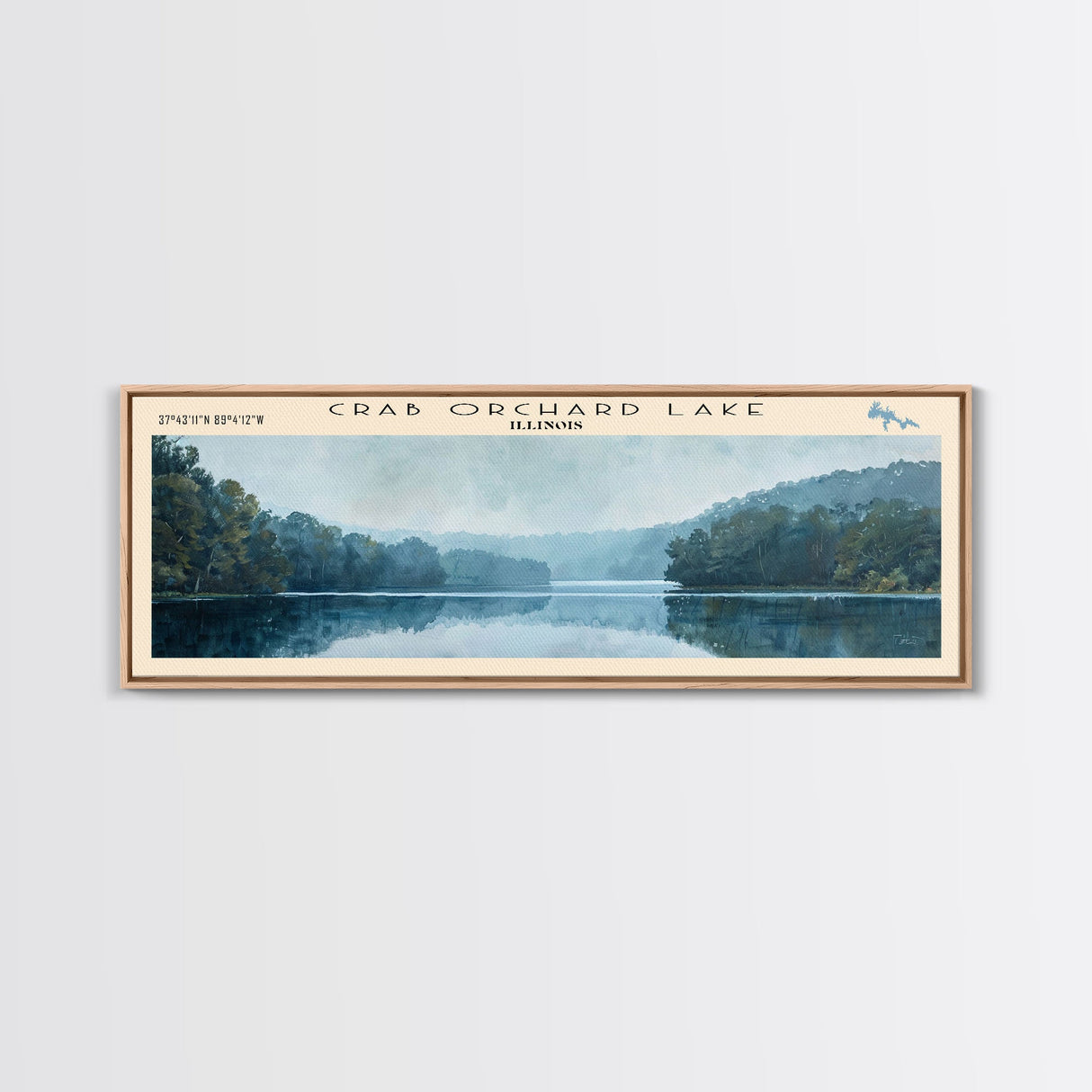 Crab Orchard Lake Illinois Framed Canvas Print, Lake House Art, Panoramic Wide Art, Travel Poster, Modern Lake Painting, Nature Art