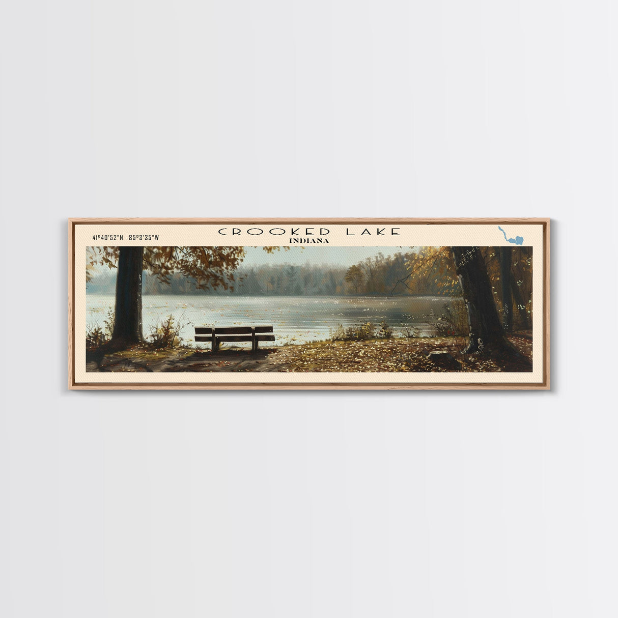 Crooked Lake Indiana Framed Canvas Print, Panoramic Lake House Decor, Wall Art, Travel Poster, Rustic Lake Painting, Nature Art