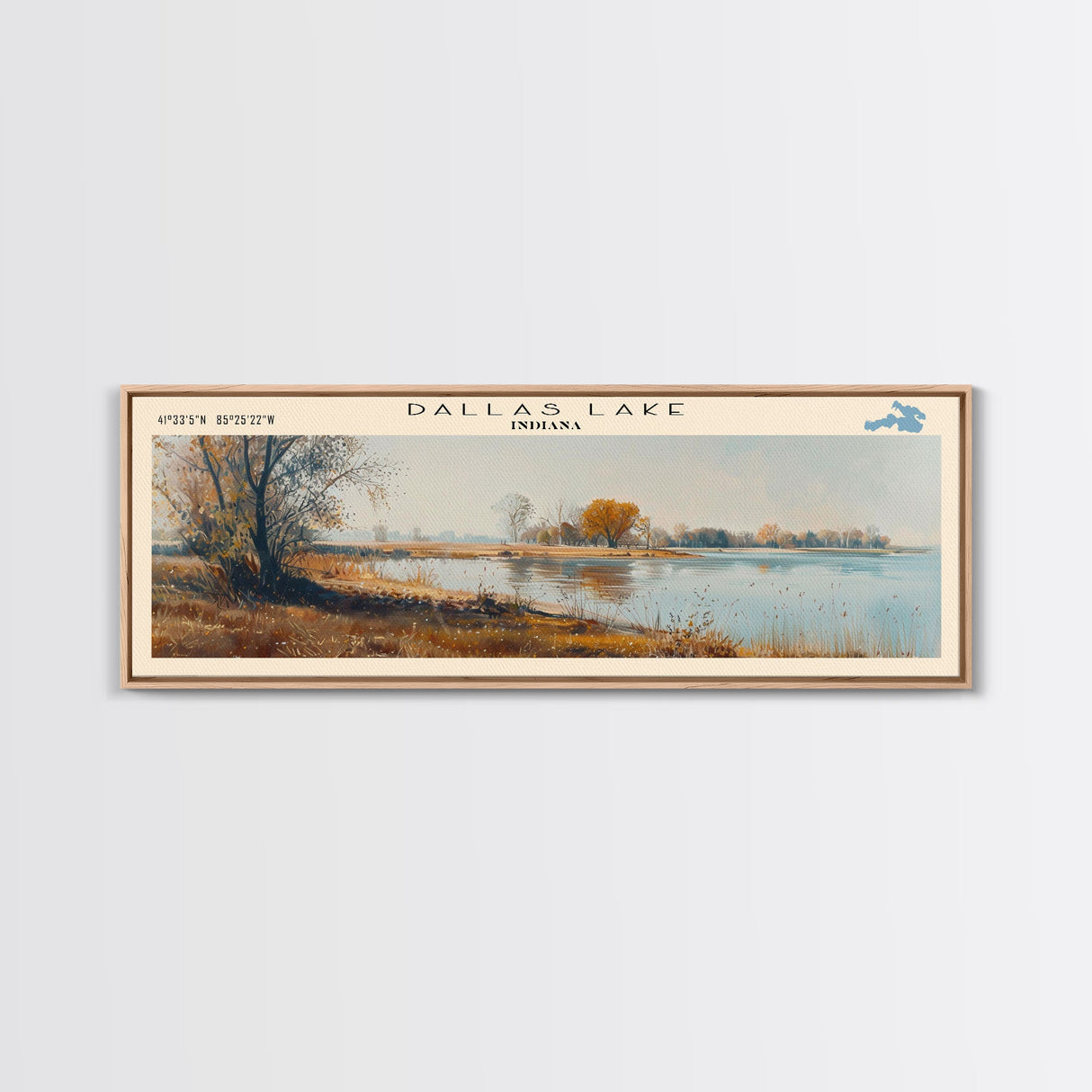 Dallas Lake Indiana Framed Canvas Print, Lake House Decor, Panoramic Wall Art, Travel Poster, Rustic Lake Painting, Home Decor