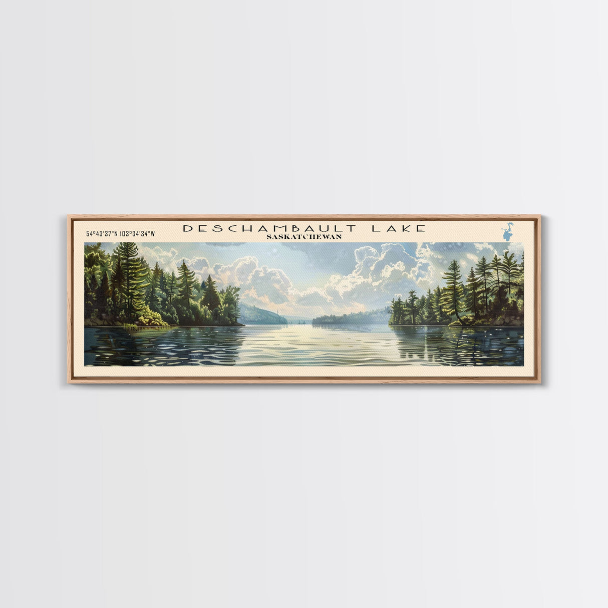 Deschambault Lake Framed Canvas Print, Lake House Decor, Panoramic Wall Art, Travel Poster, Modern Lake Painting, Nature Art