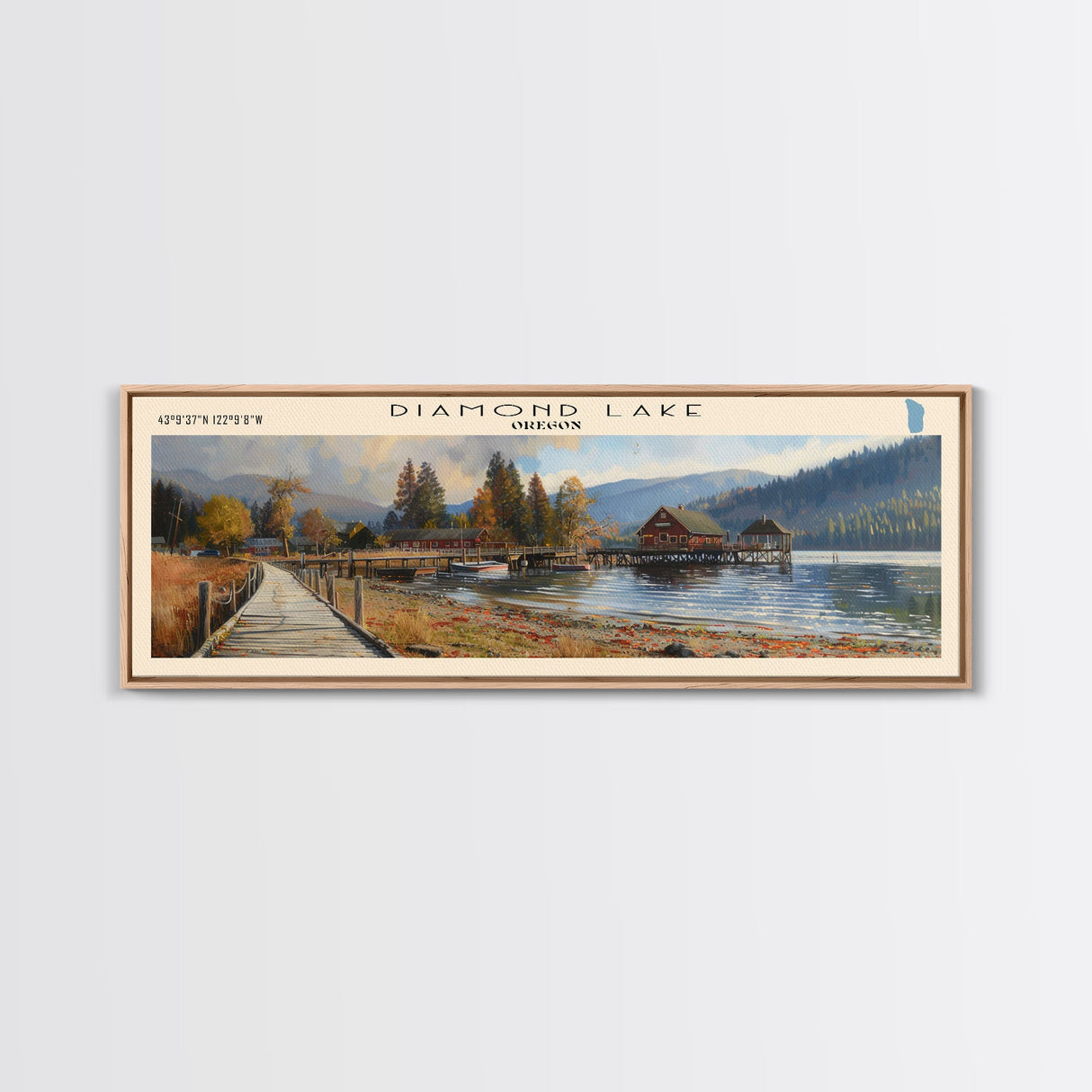 Diamond Lake Oregon Framed Canvas Print, Lake House Art, Panoramic Wall Art, Travel Poster, Modern Lake Painting, Home Decor