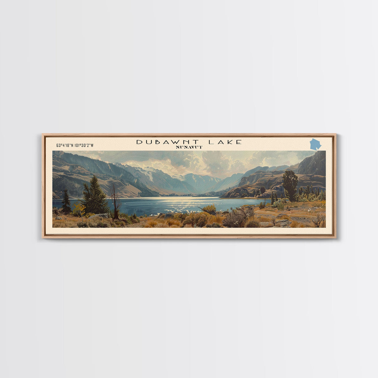 Dubawnt Lake Panoramic Framed Canvas Print, Lake House Decor, Wall Art, Travel Poster, Modern Lake Painting, Nature Art