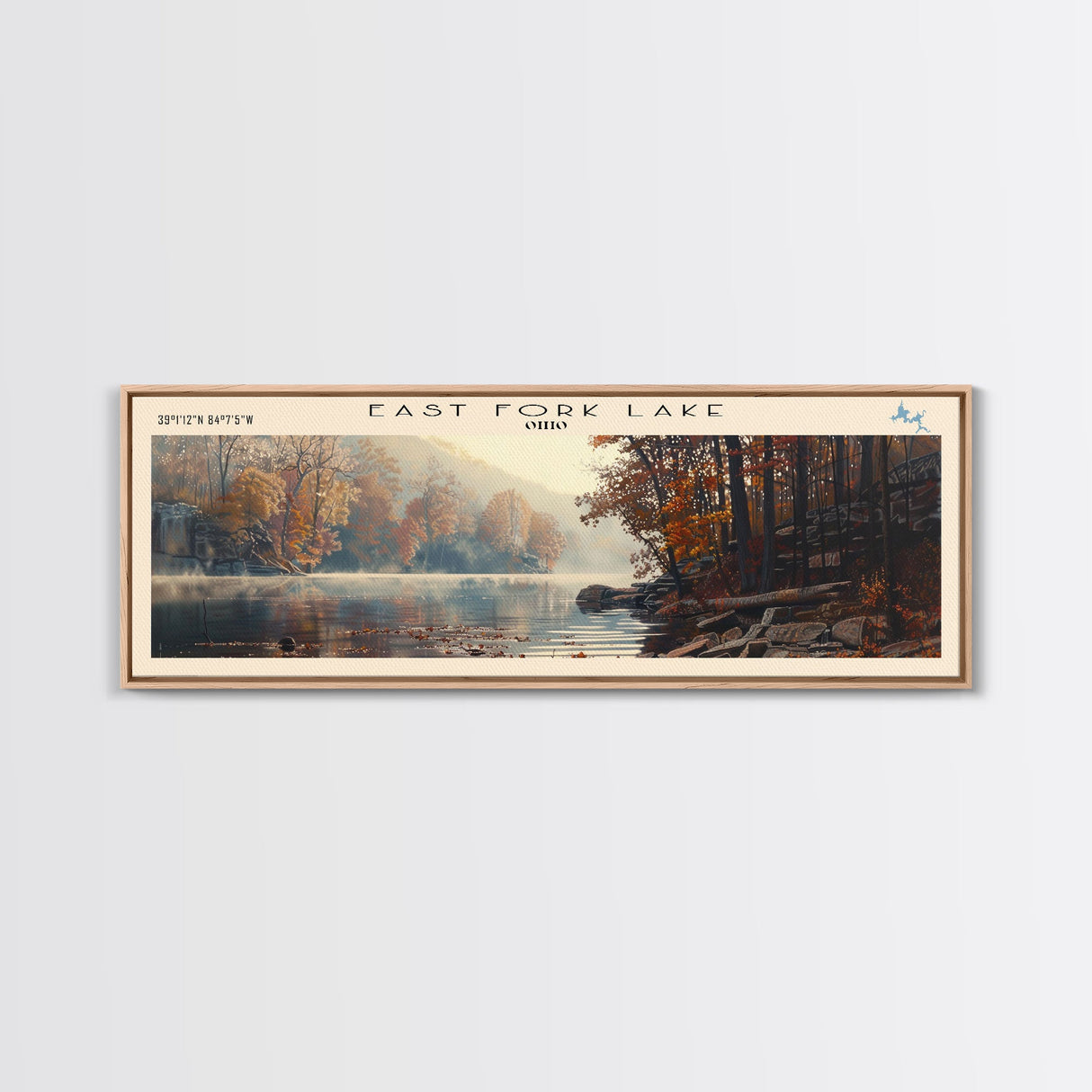 East Fork Lake Ohio Framed Canvas Print, Lake House Decor, Panoramic Wall Art, Travel Poster, Modern Lake Painting, Nature Art