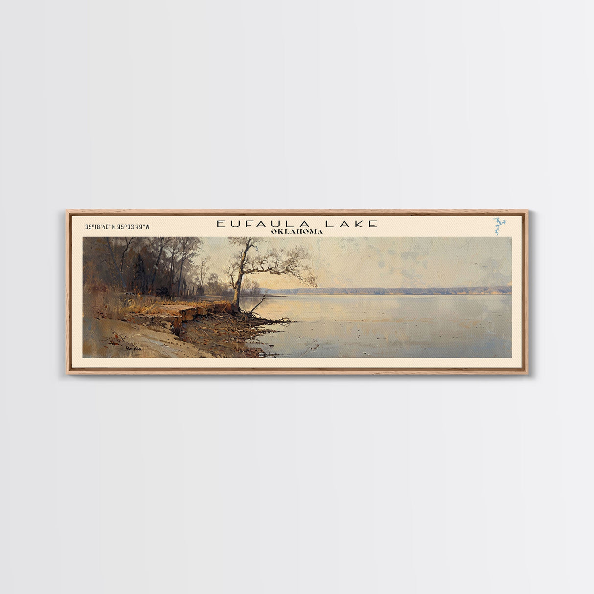 Eufaula Lake Oklahoma Framed Canvas Print, Lake House Art, Panoramic Wall Art, Travel Poster, Modern Lake Painting, Nature Art