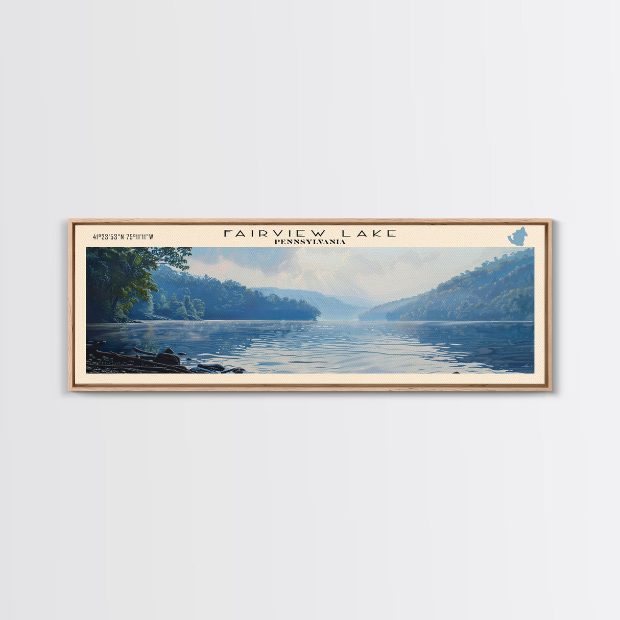 Fairview Lake Pennsylvania Framed Canvas Print, Lake House Decor, Panoramic Wall Art, Travel Poster, Rustic Lake Painting, Home Decor