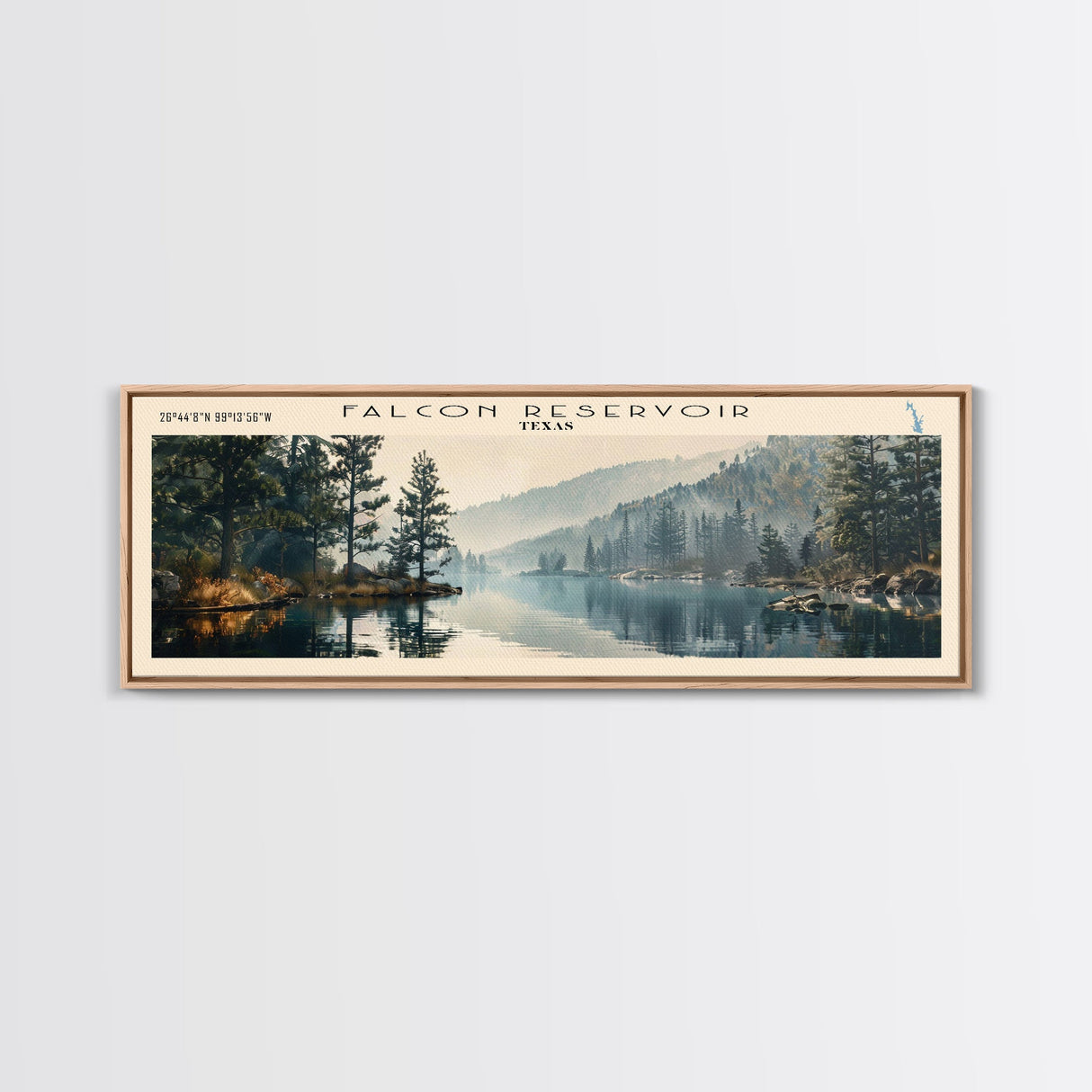 Falcon International Reservoir Framed Canvas Print, Lake House Decor, Panoramic Wall Art, Travel Poster, Modern Lake Painting, Nature Art