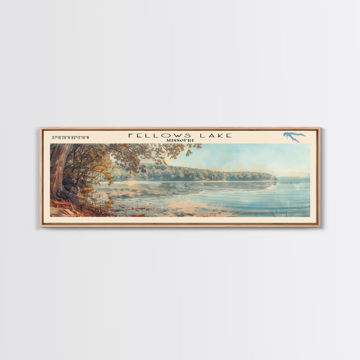 Fellows Lake Missouri Framed Canvas Print, Lake House Decor, Panoramic Wall Art, Travel Poster, Rustic Lake Painting, Home Decor