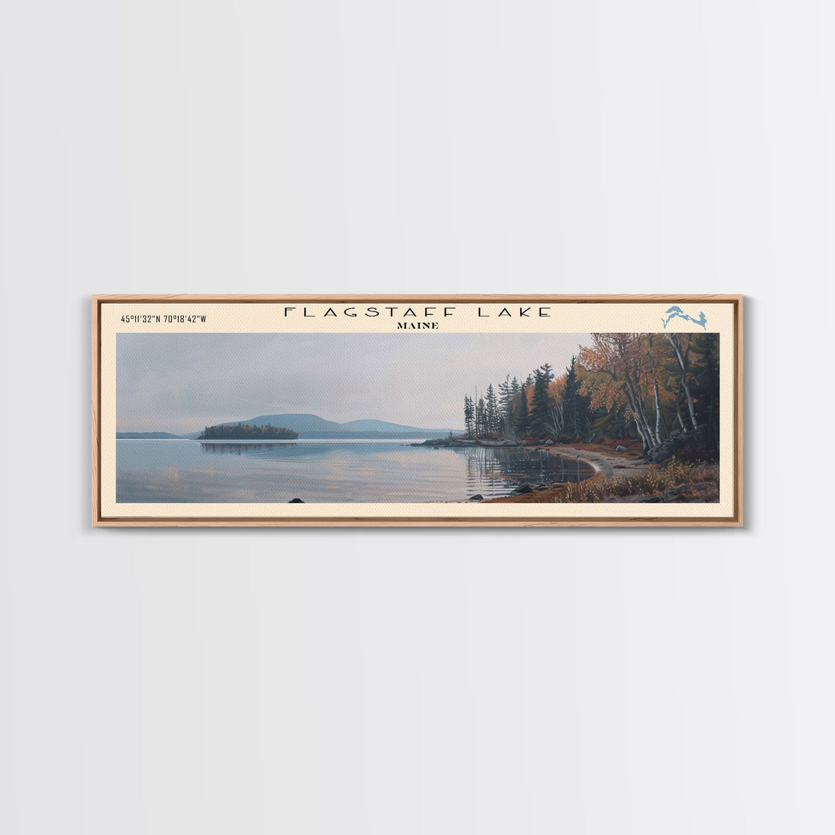 Flagstaff Lake Maine Framed Canvas Print, Panoramic Lake House Decor, Wall Art, Travel Poster, Peaceful Lake Painting, Nature Art