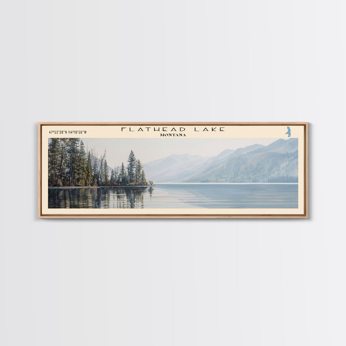 Flathead Lake Framed Canvas Print, Lake House Decor, Panoramic Wall Art, Travel Poster, Picturesque Lake Painting, Nature Art