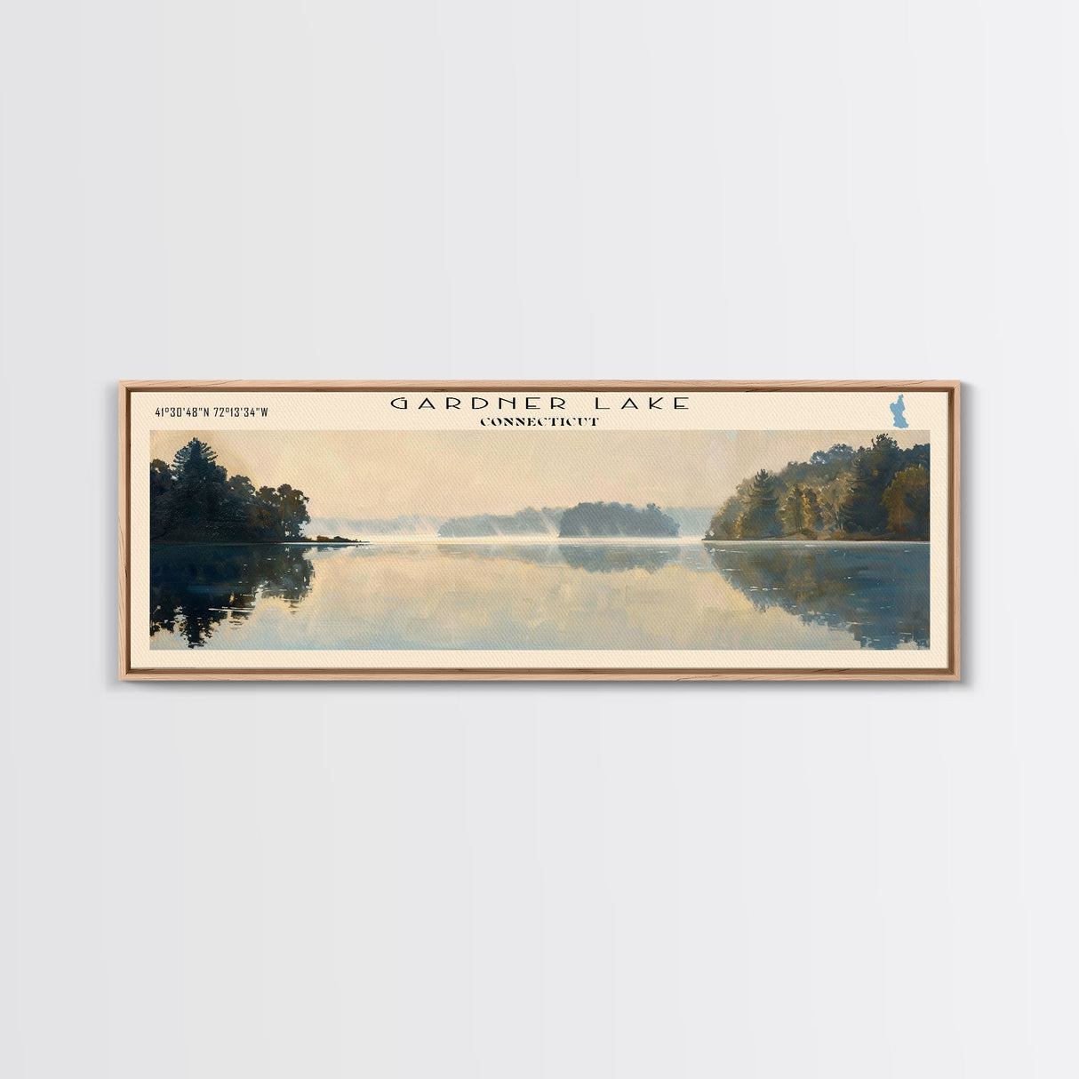 Gardner Lake Connecticut Framed Canvas Print, Lake House Art, Panoramic Wall Art, Travel Poster, Tranquil Lake Painting, Home Decor