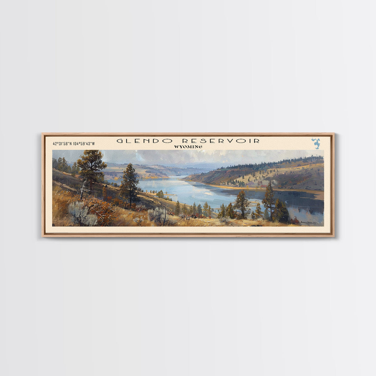 Glendo Reservoir Wyoming Framed Canvas Print, Panoramic Lake House Decor, Wall Art, Travel Poster, Beautiful Lake Painting, Nature Art