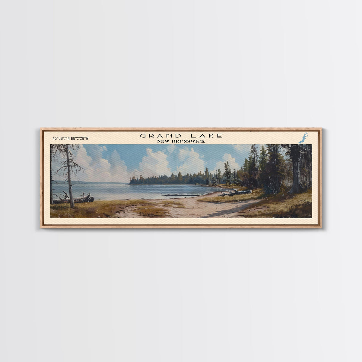 Grand Lake Canada New Brunswick Framed Canvas Print, Panoramic Lake House Decor, Wall Art, Travel Poster, Peaceful Lake Painting, Nature Art