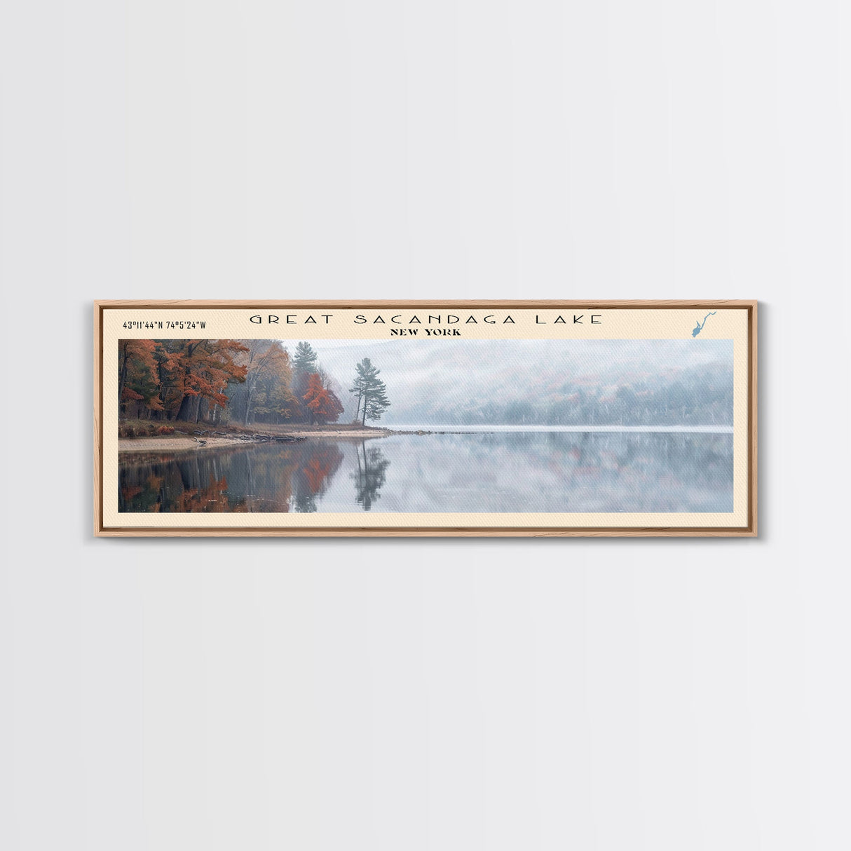 Great Sacandaga Lake Framed Canvas Print, Lake House Art, Panoramic Wall Art, Travel Poster, Serene Lake Painting, Home Decor