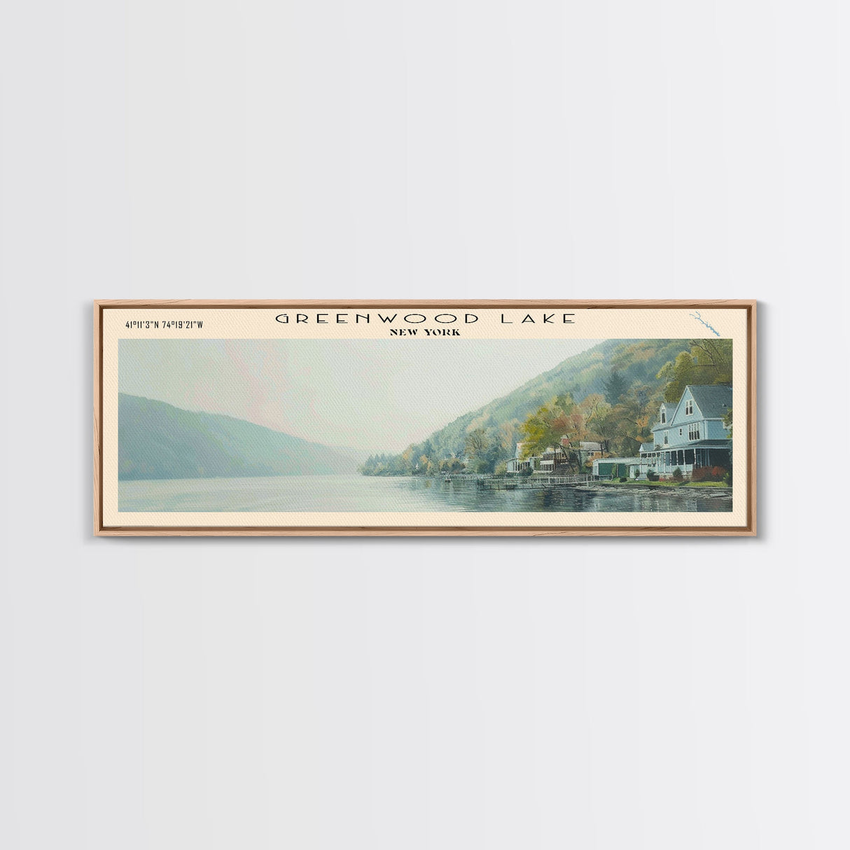 Greenwood Lake New York Framed Canvas Print, Lake House Art, Panoramic Wall Art, Travel Poster, Peaceful Lake Painting, Home Decor