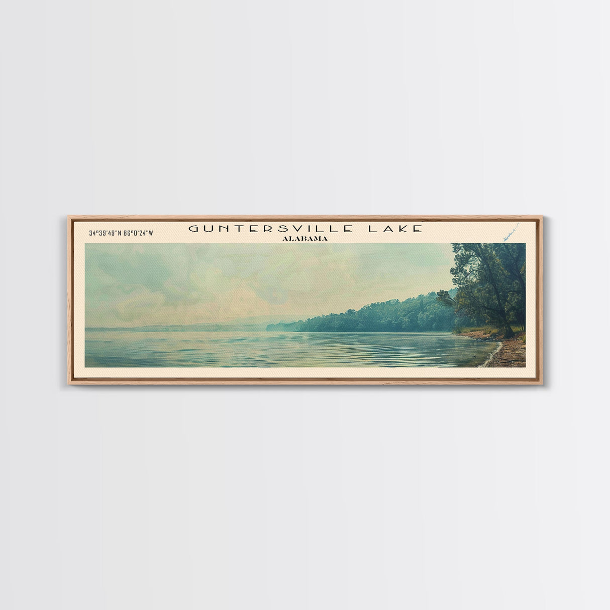 Guntersville Lake Alabama Framed Canvas Print, Panoramic Lake House Decor, Wall Art, Travel Poster, Peaceful Lake Painting, Nature Art