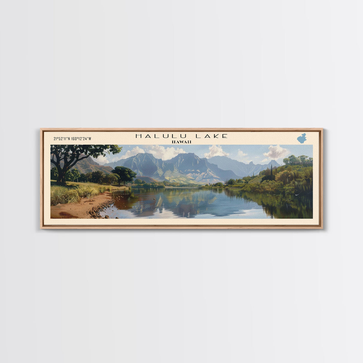 Halulu Lake Hawaii Framed Canvas Print, Lake House Art, Panoramic Wall Art, Travel Poster, Beautiful Lake Painting, Home Decor