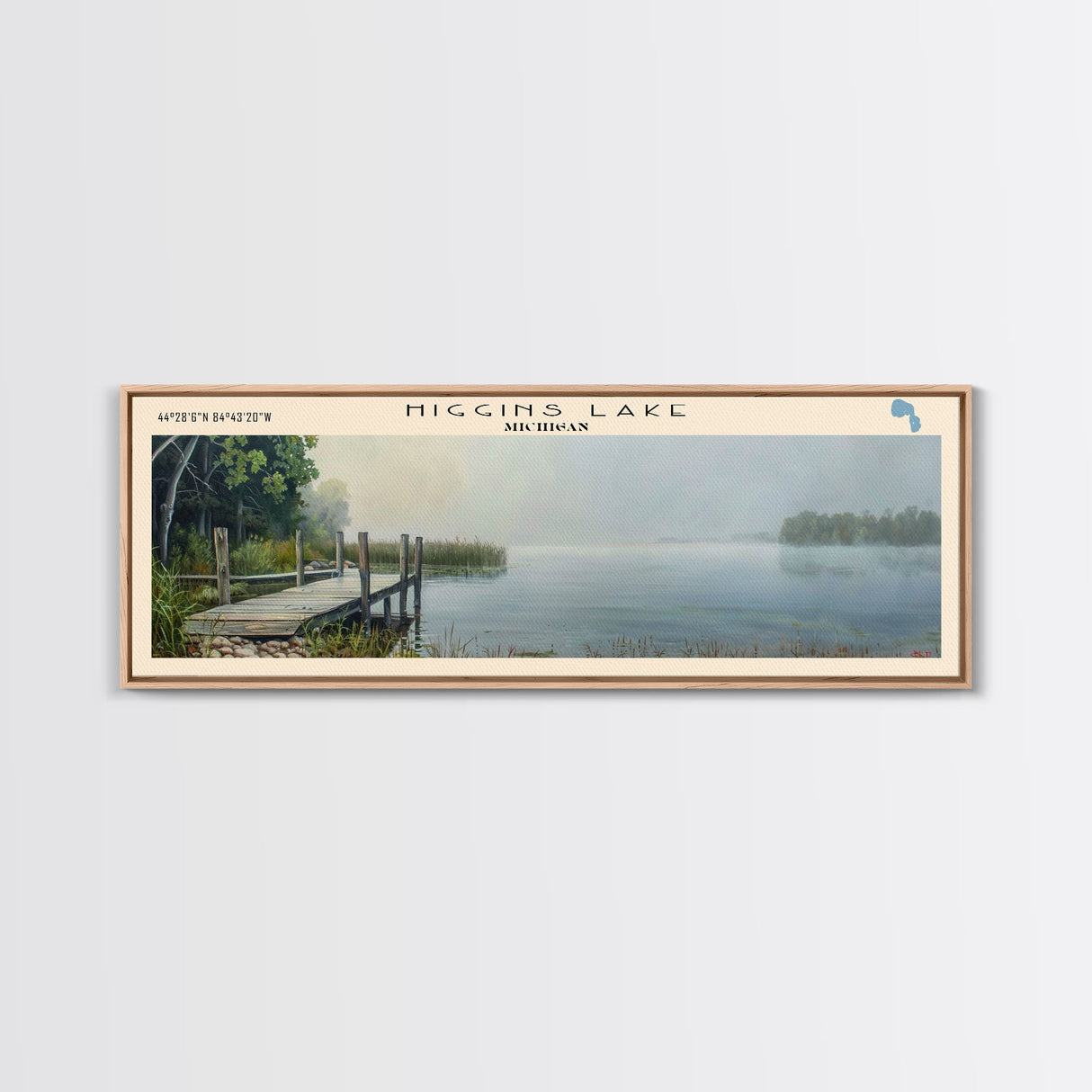 Higgins Lake Michigan Framed Canvas Print, Lake House Art, Panoramic Wall Art, Travel Poster, Serene Lake Painting, Home Decor