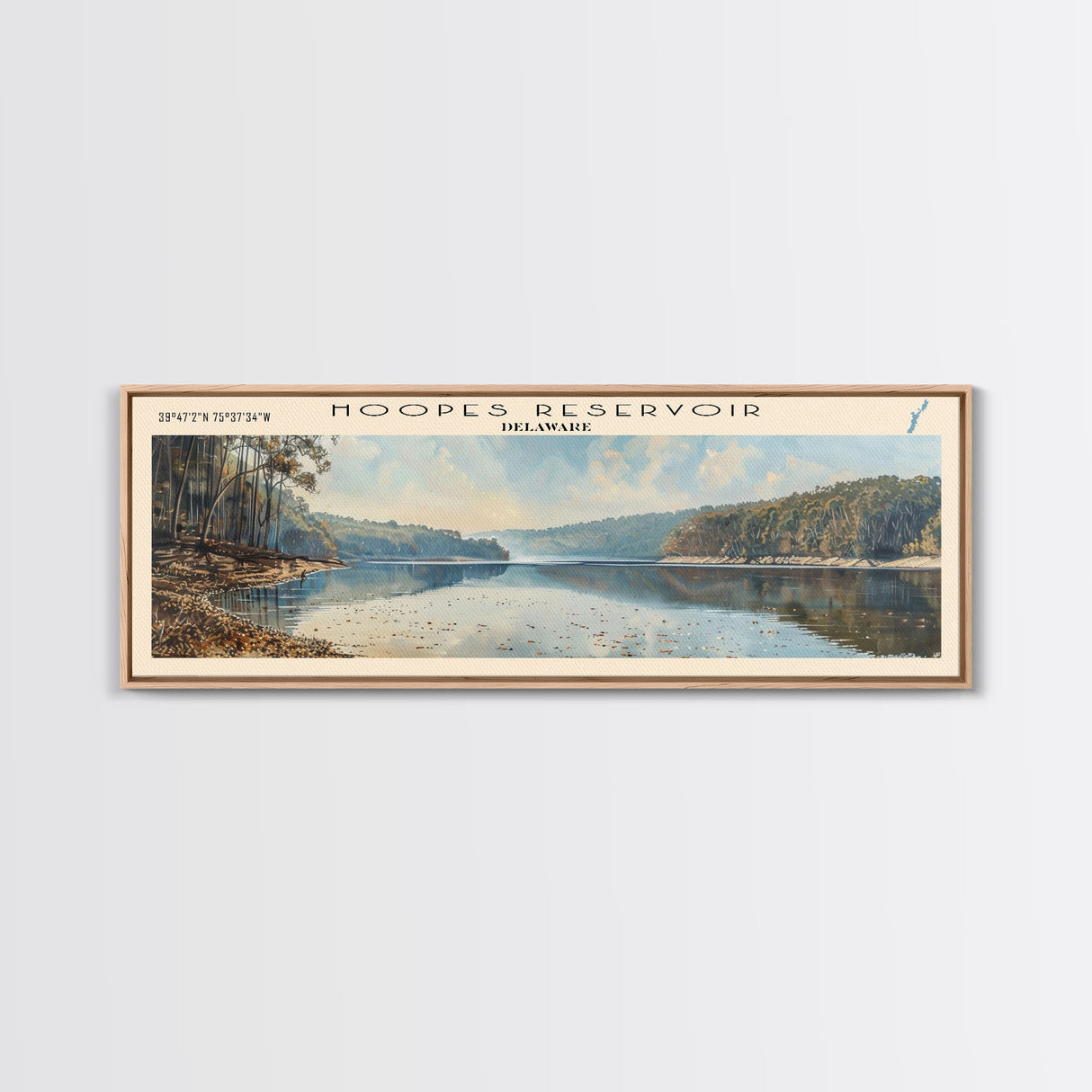 Hoopes Reservoir Delaware Framed Canvas Print, Panoramic Lake House Decor, Wall Art, Travel Poster, Scenic Lake Painting, Nature Art