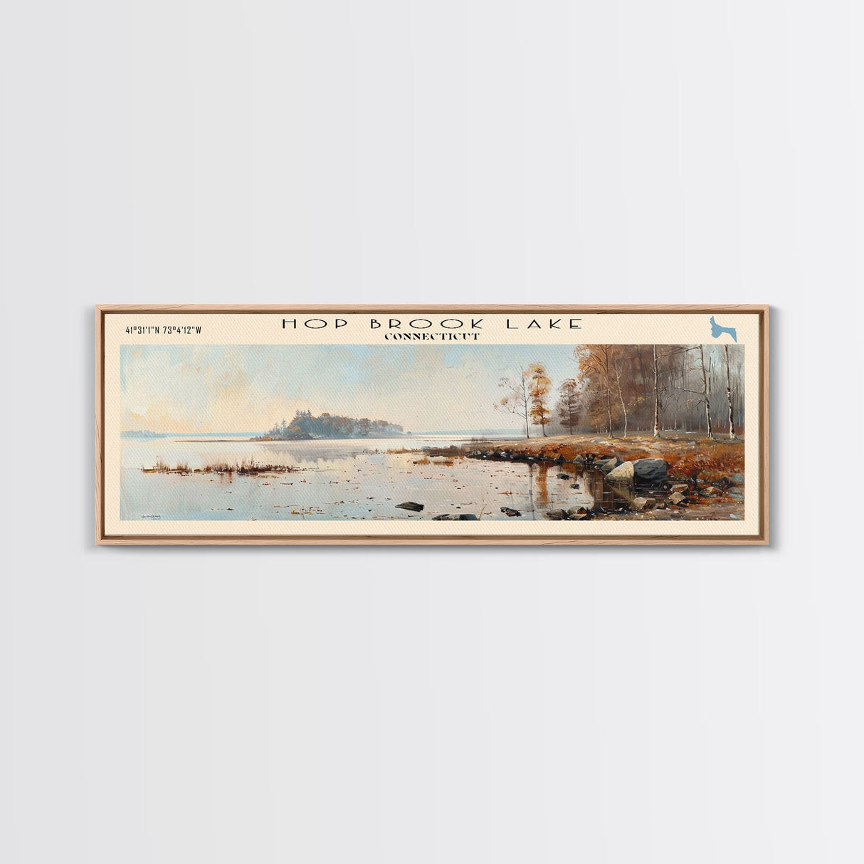 Hop Brook Lake Connecticut Framed Canvas Print, Lake House Art, Panoramic Wall Art, Travel Poster, Serene Lake Painting, Home Decor