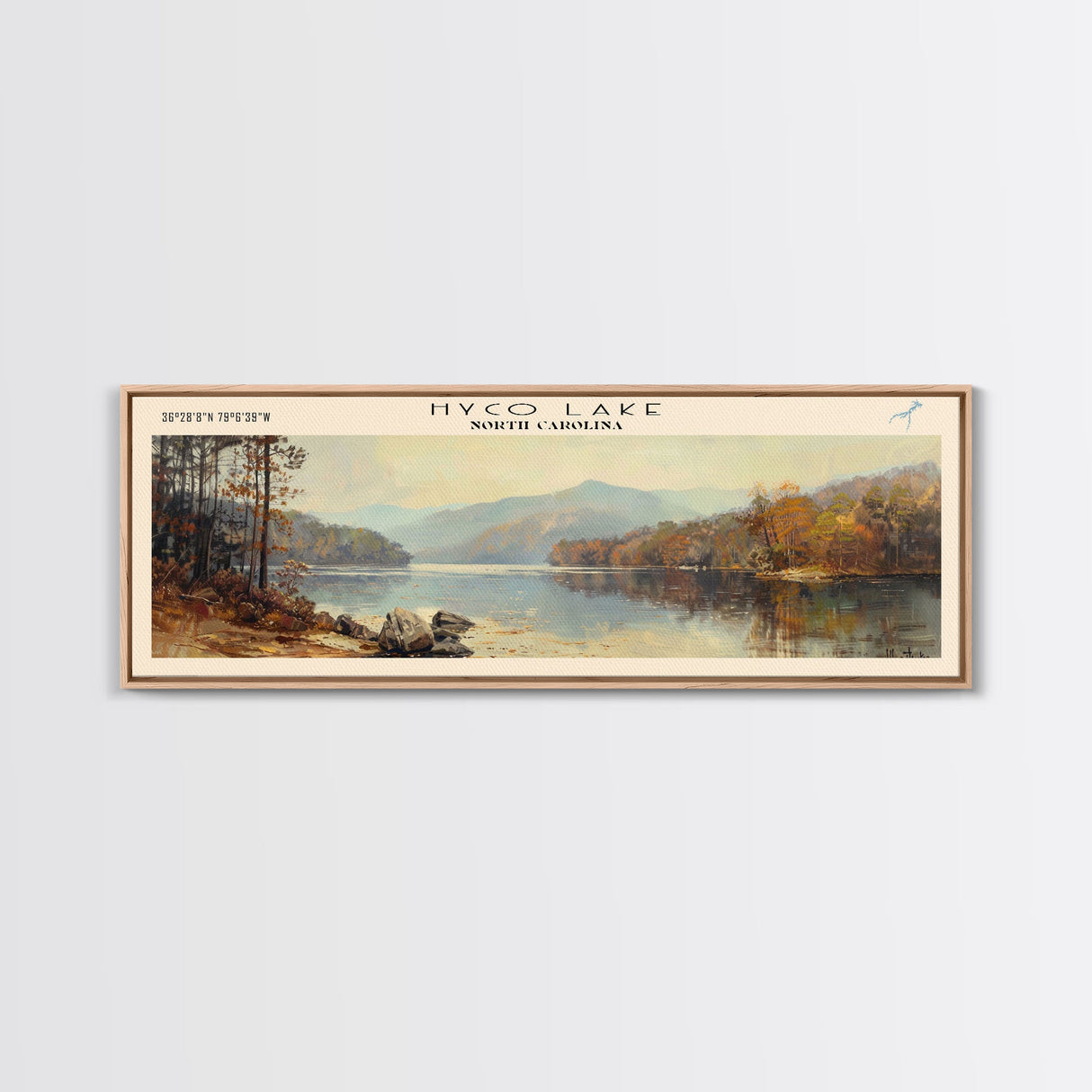 Hyco Lake North Carolina Framed Canvas Print, Lake House Art, Panoramic Wall Art, Travel Poster, Scenic Lake Painting, Home Decor